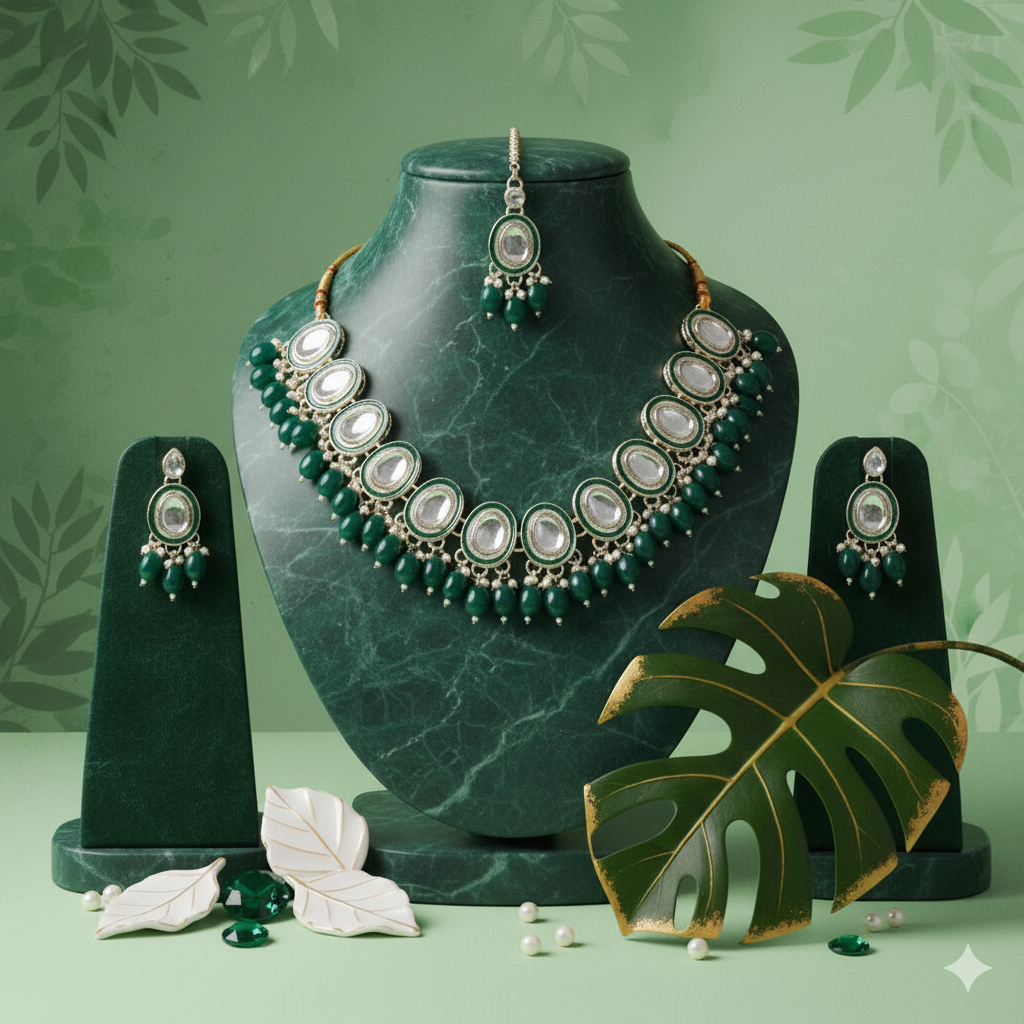 Sondarya Elegant Green Meenakari & Kundan Necklace Set with Maang Tikka