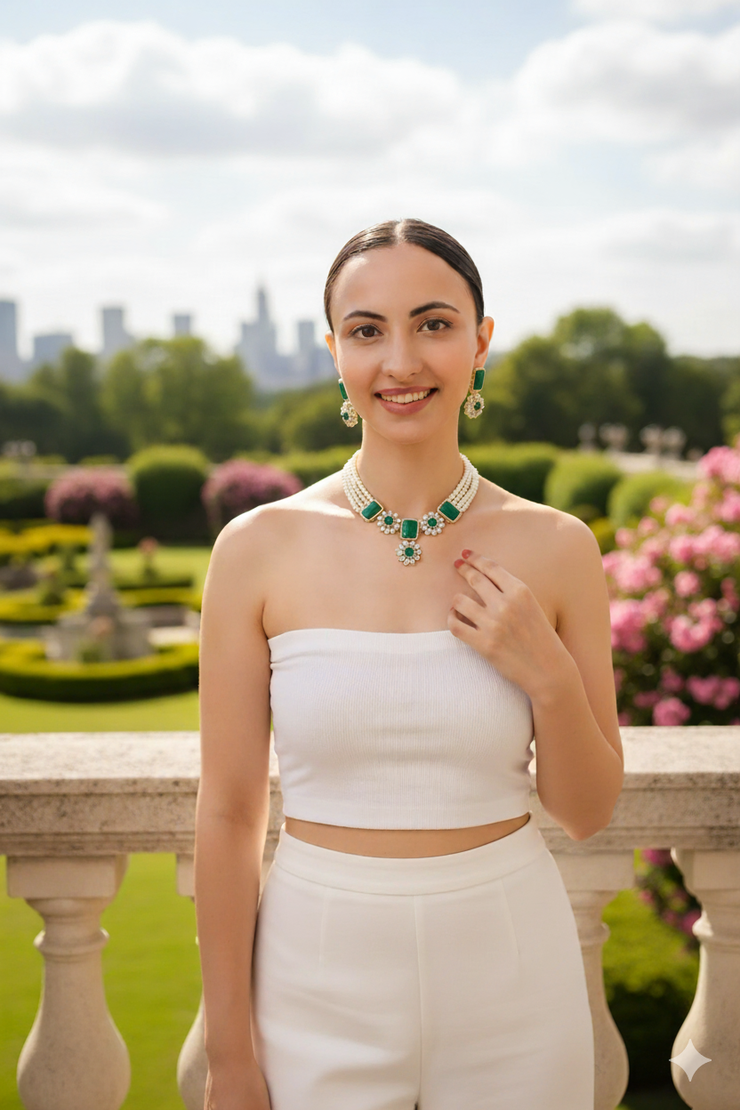 Classic Green Stone & Pearl Choker Necklace Set with Earrings