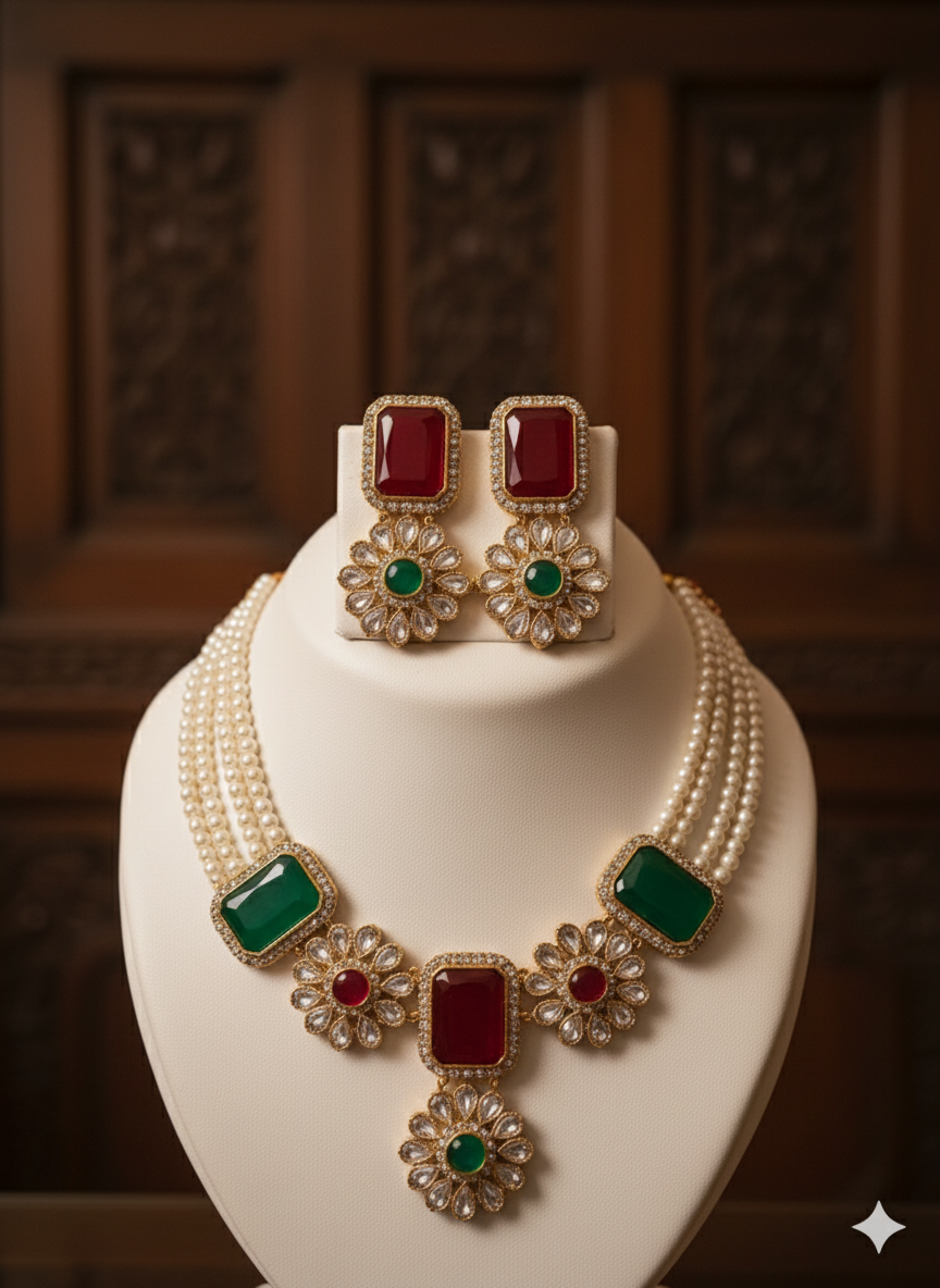 Dual Tone Red & Green Stone Pearl Necklace Set with Earrings