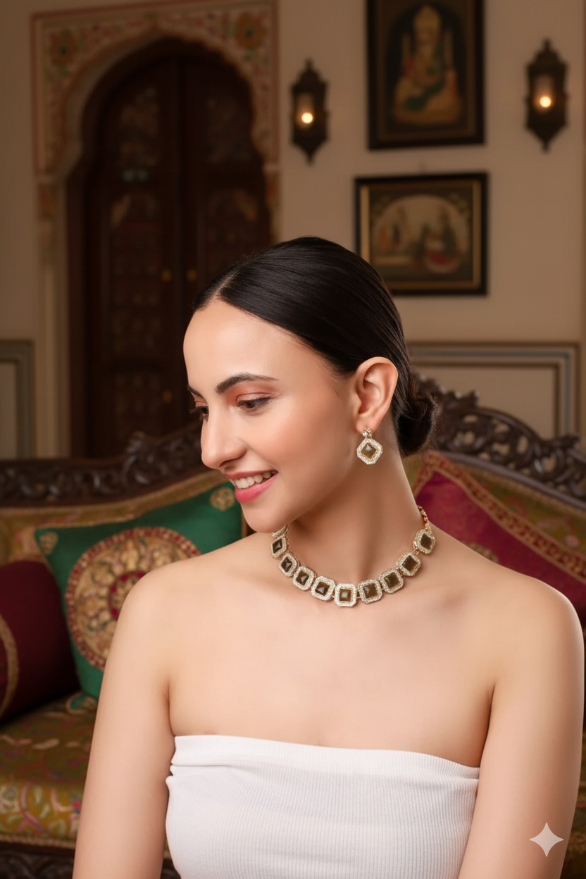 Smokey Yellow Studded Necklace Set With Earrings