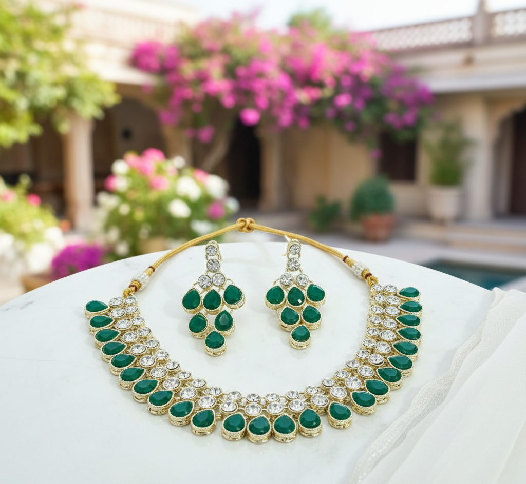 Sondarya Emerald Green Teardrop Kundan Necklace Set with Maang Tikka