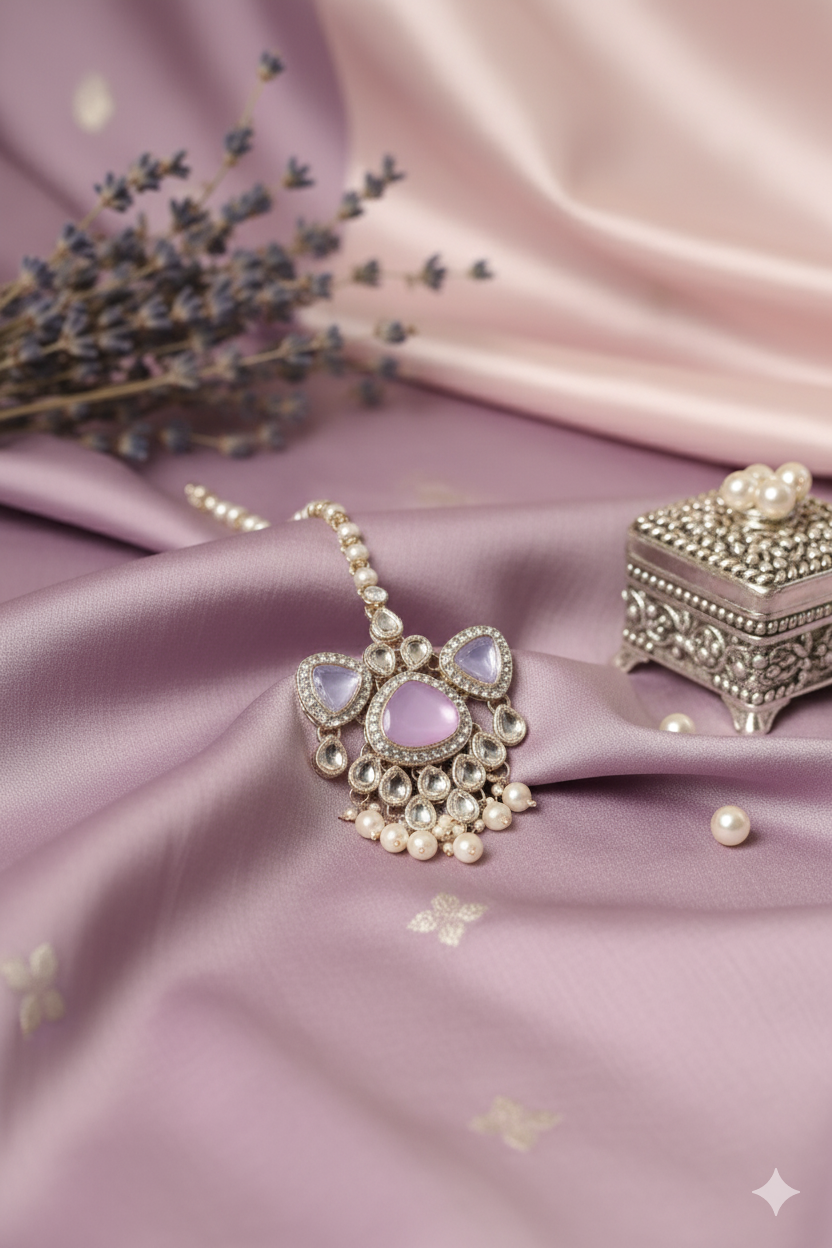 Sondarya Pastel Lavender Kundan and Pearl Necklace Set with Maang Tikka