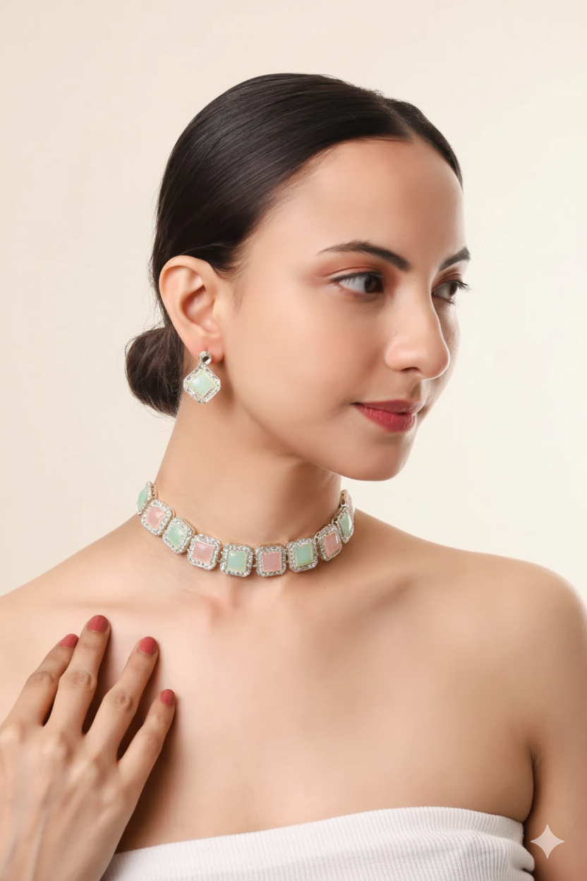 Dual-Tone Studded Necklace Set With Earrings