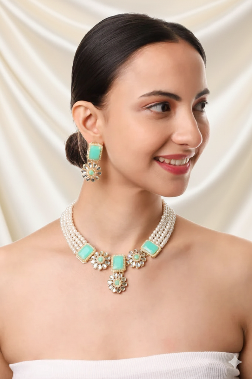 Designer Mint Green Stone & Pearl Necklace Set with Earrings