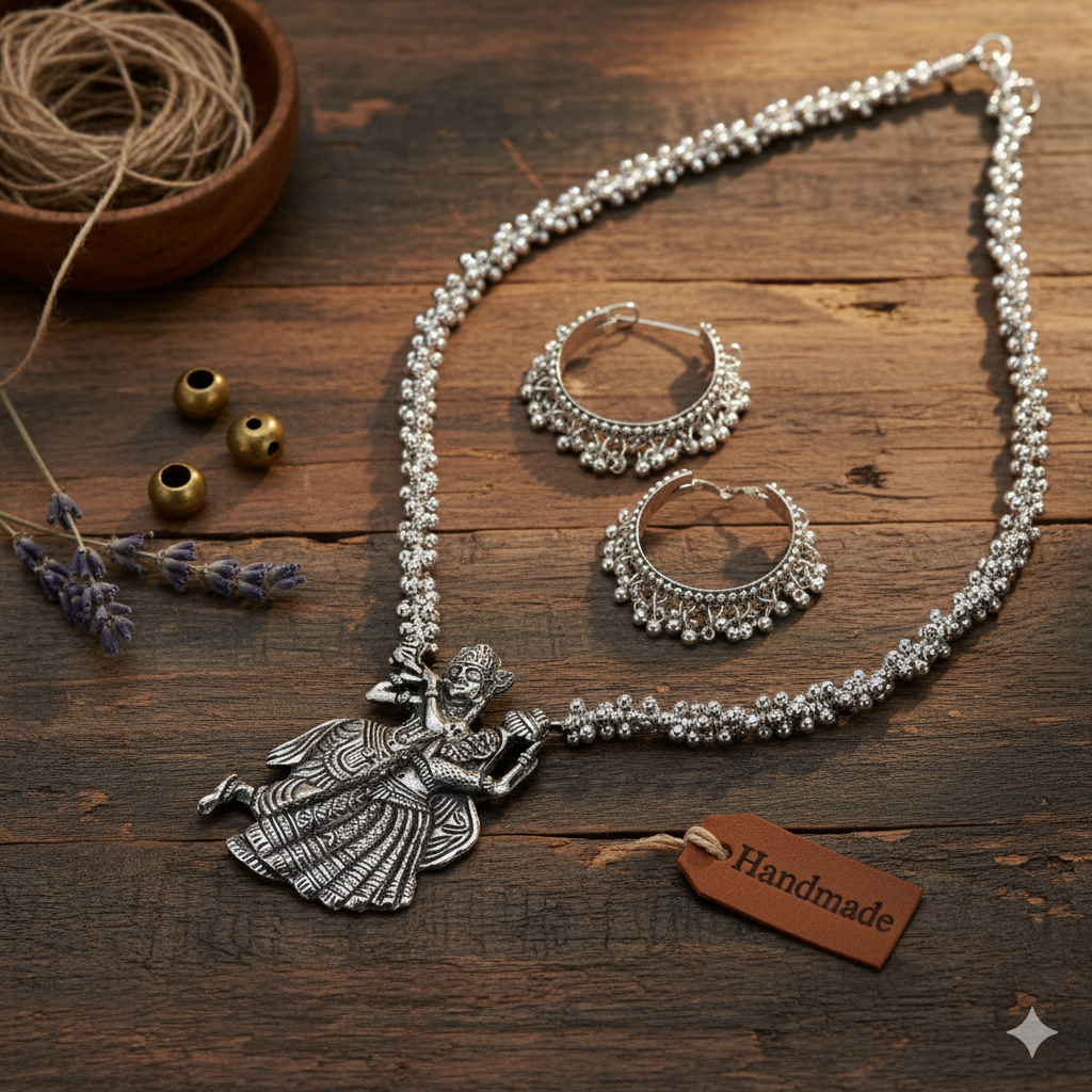 Oxidised Shri Krishna-Radha Pendant Necklace Set With Earrings