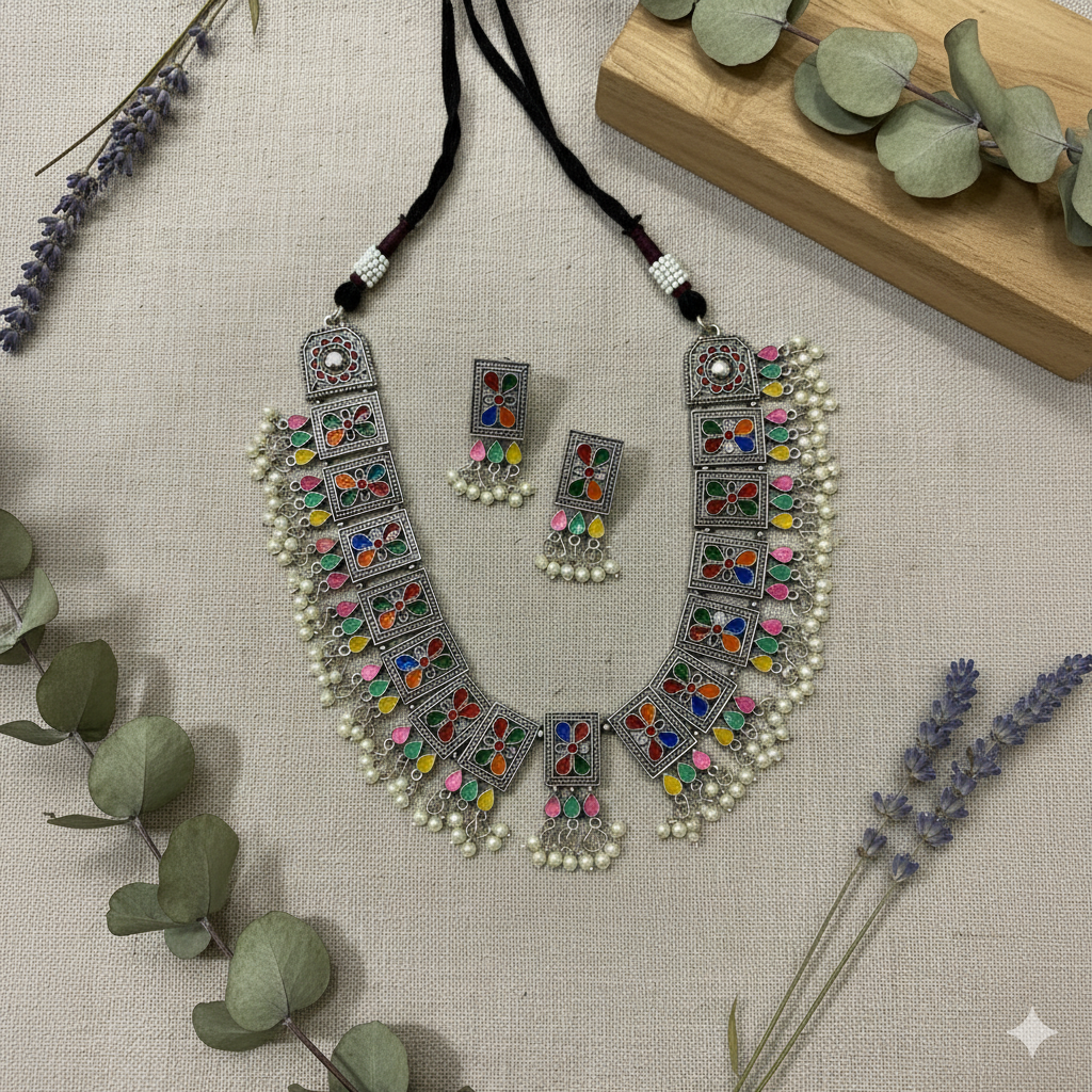 Oxidised Multicolour Meenakari Choker Set With Earrings