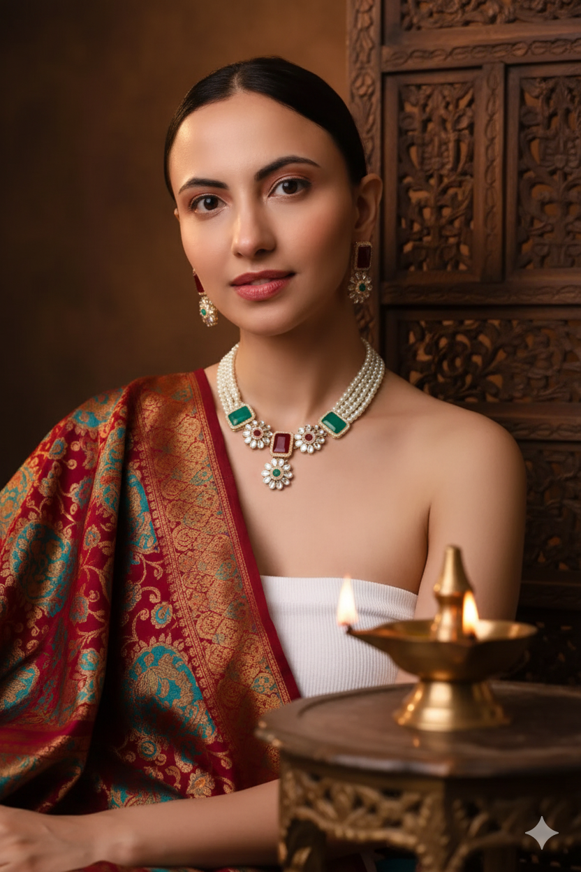 Dual Tone Red & Green Stone Pearl Necklace Set with Earrings