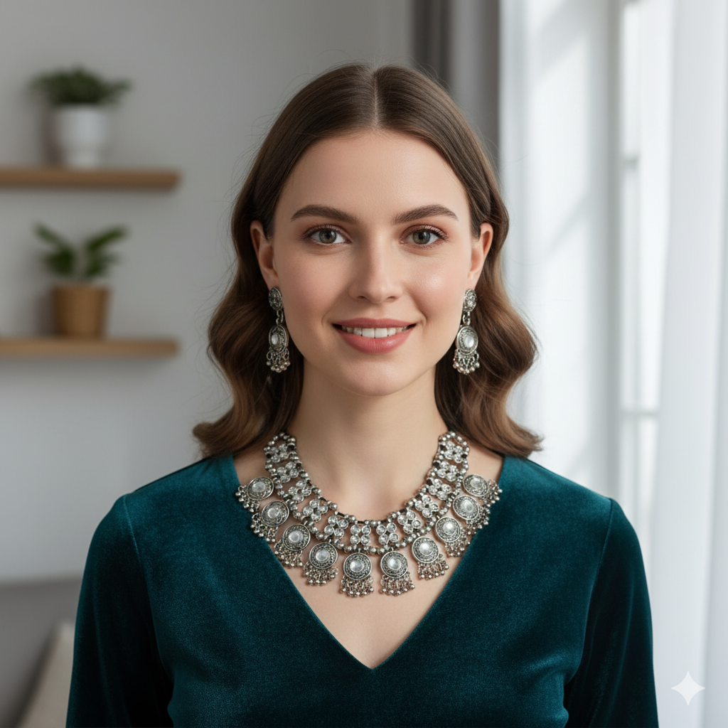 Sondarya Oxidised White Stone & Necklace Set With Earrings