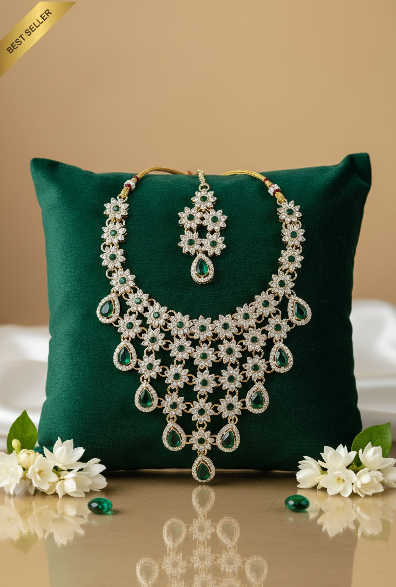 Sondarya Floral Kundan & Emerald Green Drop Necklace Set with Maang Tikka & Earrings