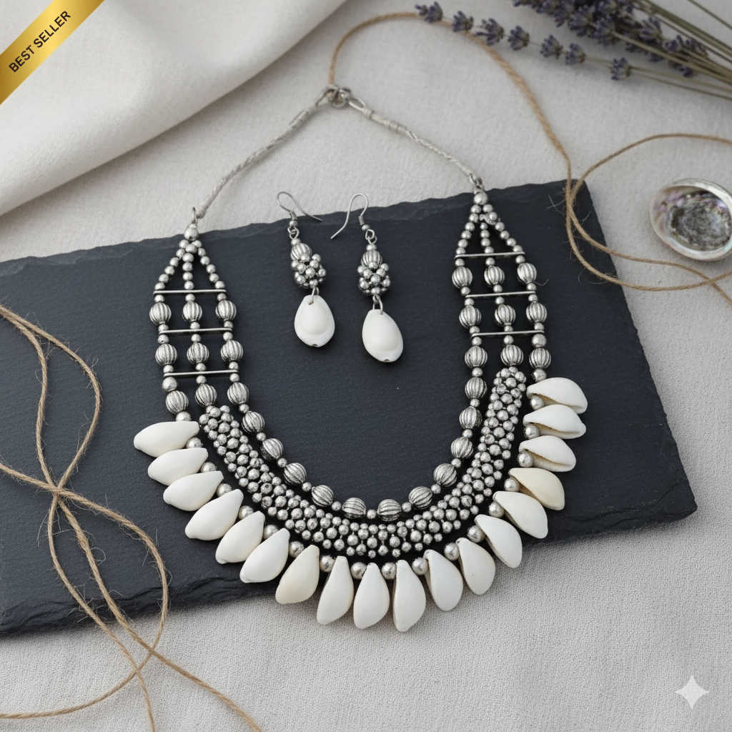 Sondarya Oxidised Seashell Necklace Set With Earrings