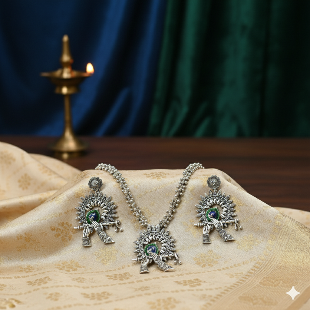 Oxidised Peacock Krishna Flute Necklace Set With Earrings