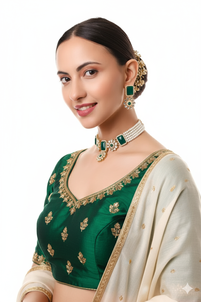 Classic Green Stone & Pearl Choker Necklace Set with Earrings