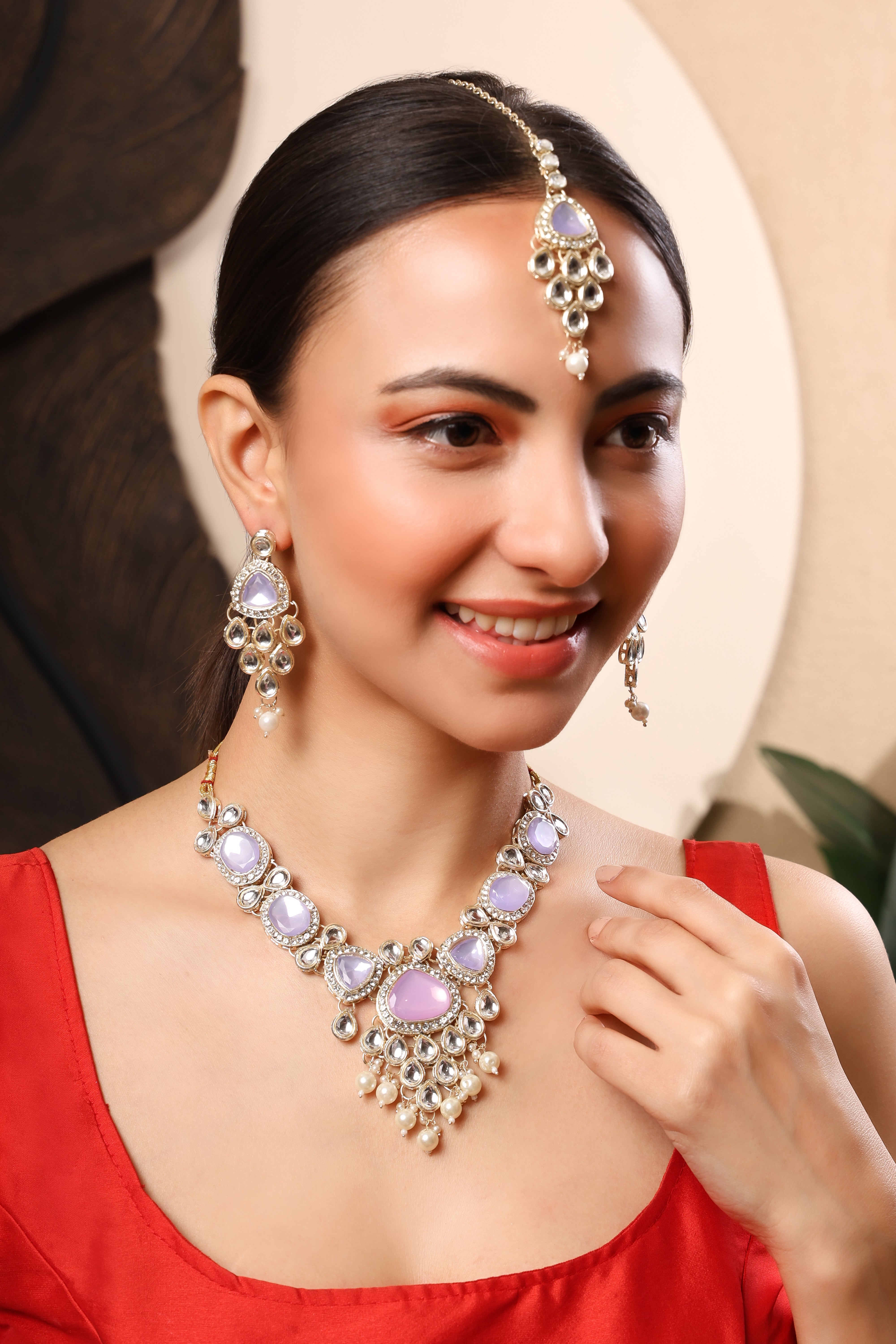 Sondarya Pastel Lavender Kundan and Pearl Necklace Set with Maang Tikka