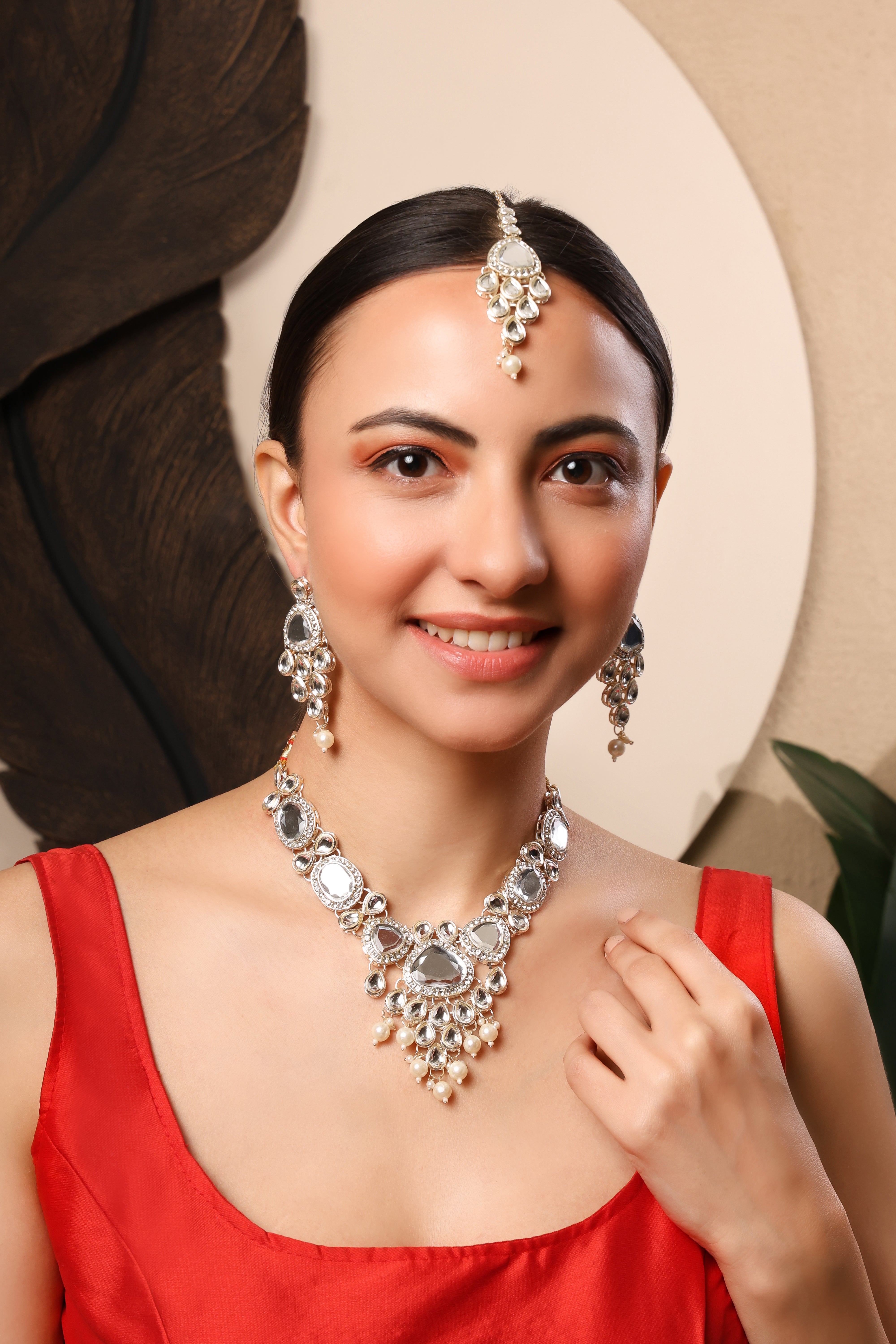 Sondarya Silver Kundan and Pearl Necklace Set with Maang Tikka