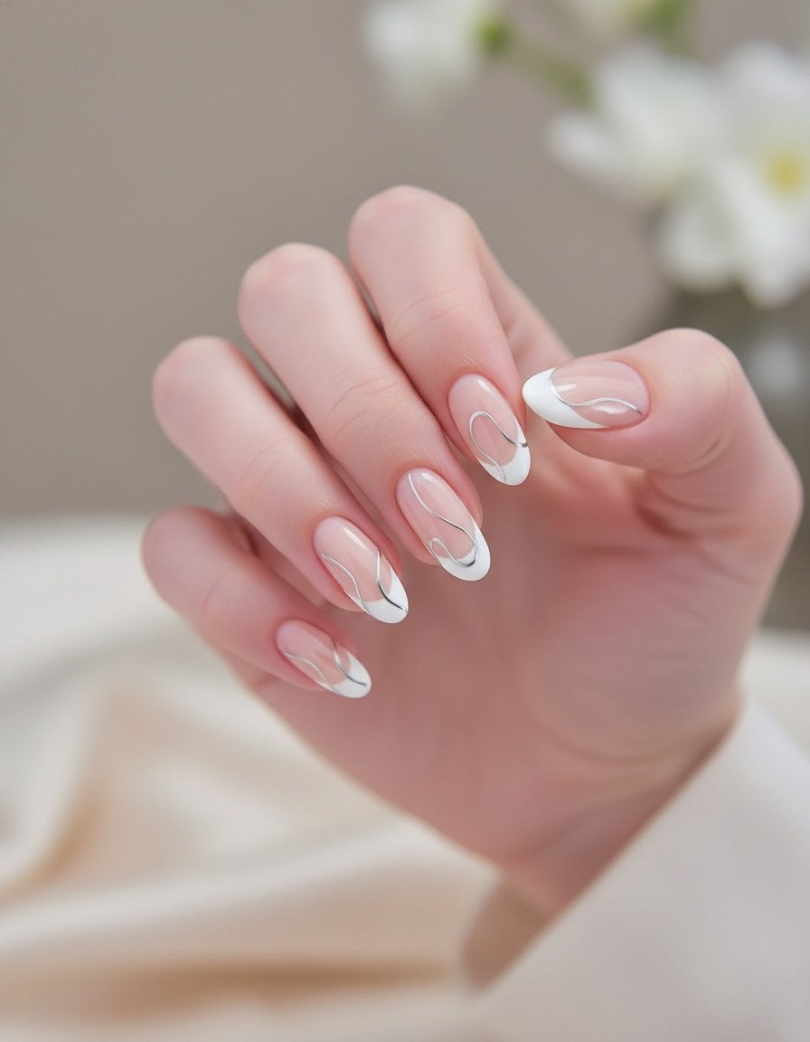 Nude French Tip with Silver Wavy Design – Press-On Nails Kit