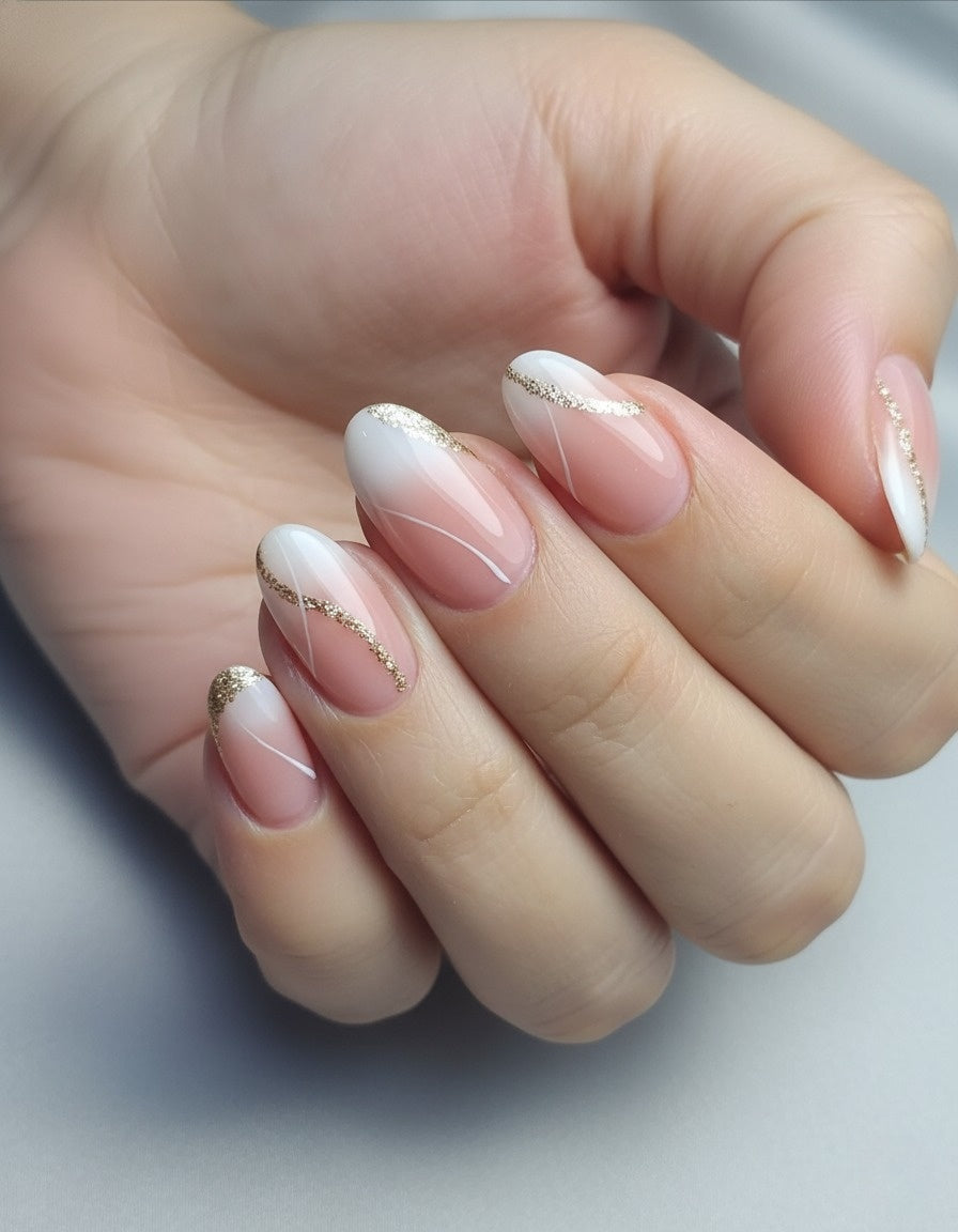 Nude Pink White Ombre Glitter Press-On Nails Kit