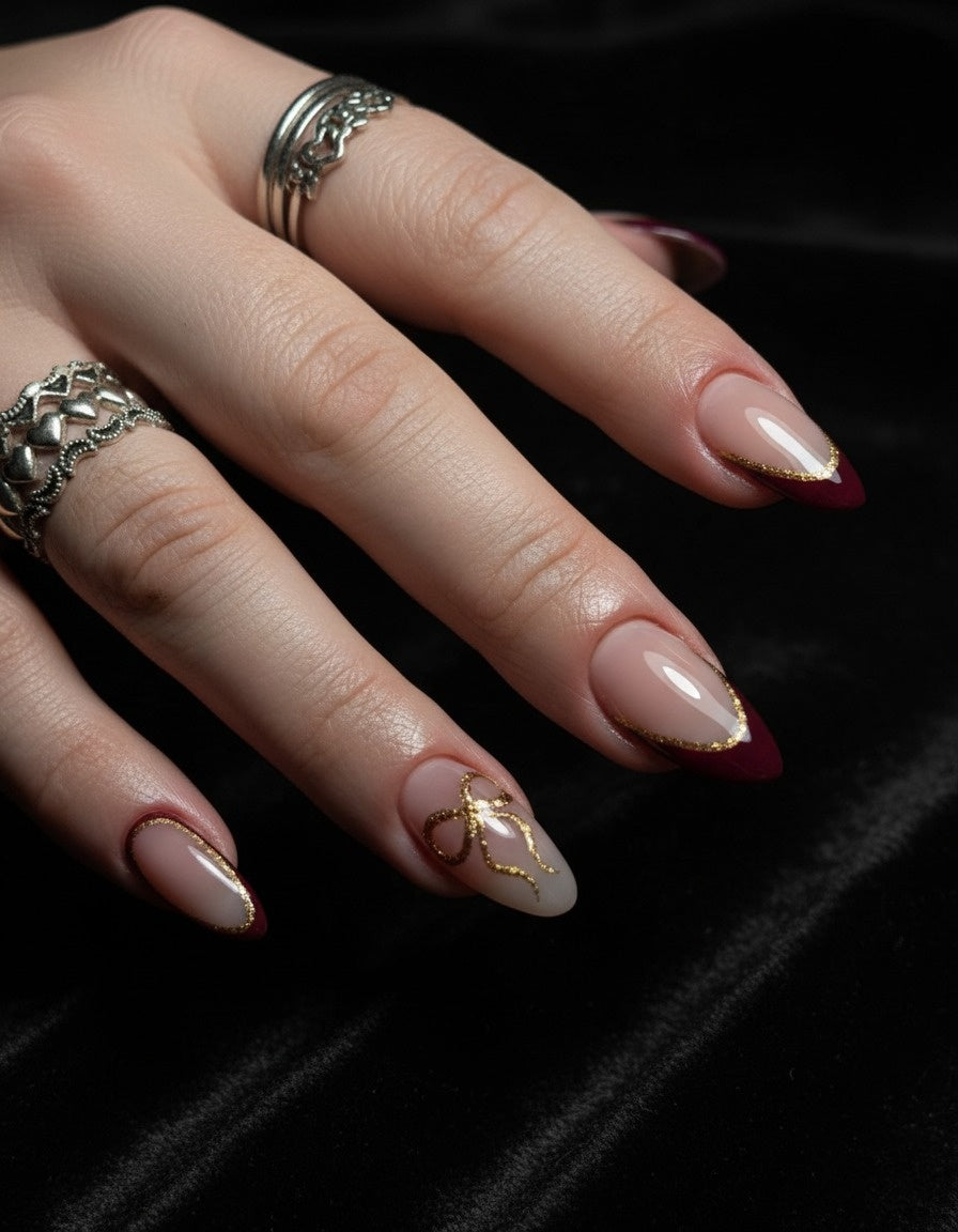 Maroon French Bow Press-On Nails – Complete Kit