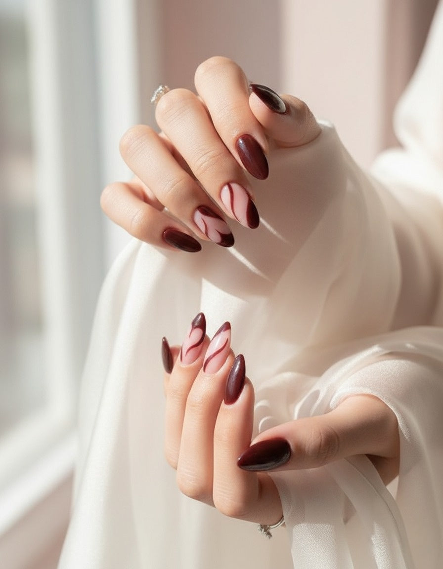 Mocha Swirl Almond Press-On Nails – Complete Kit