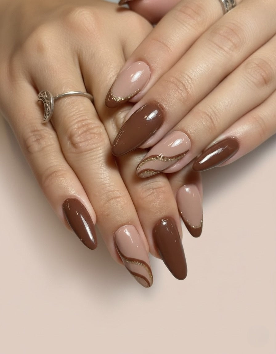 Salon-Finish Nude Mocha Swirl Press-On Nails – Complete Kit