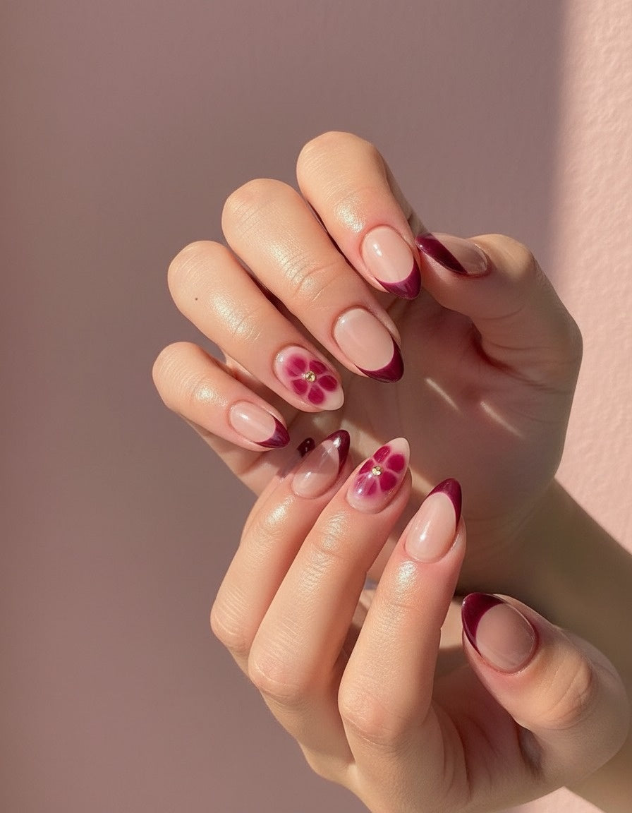 Salon-Finish Burgundy French Floral Press-On Nails – Complete Kit