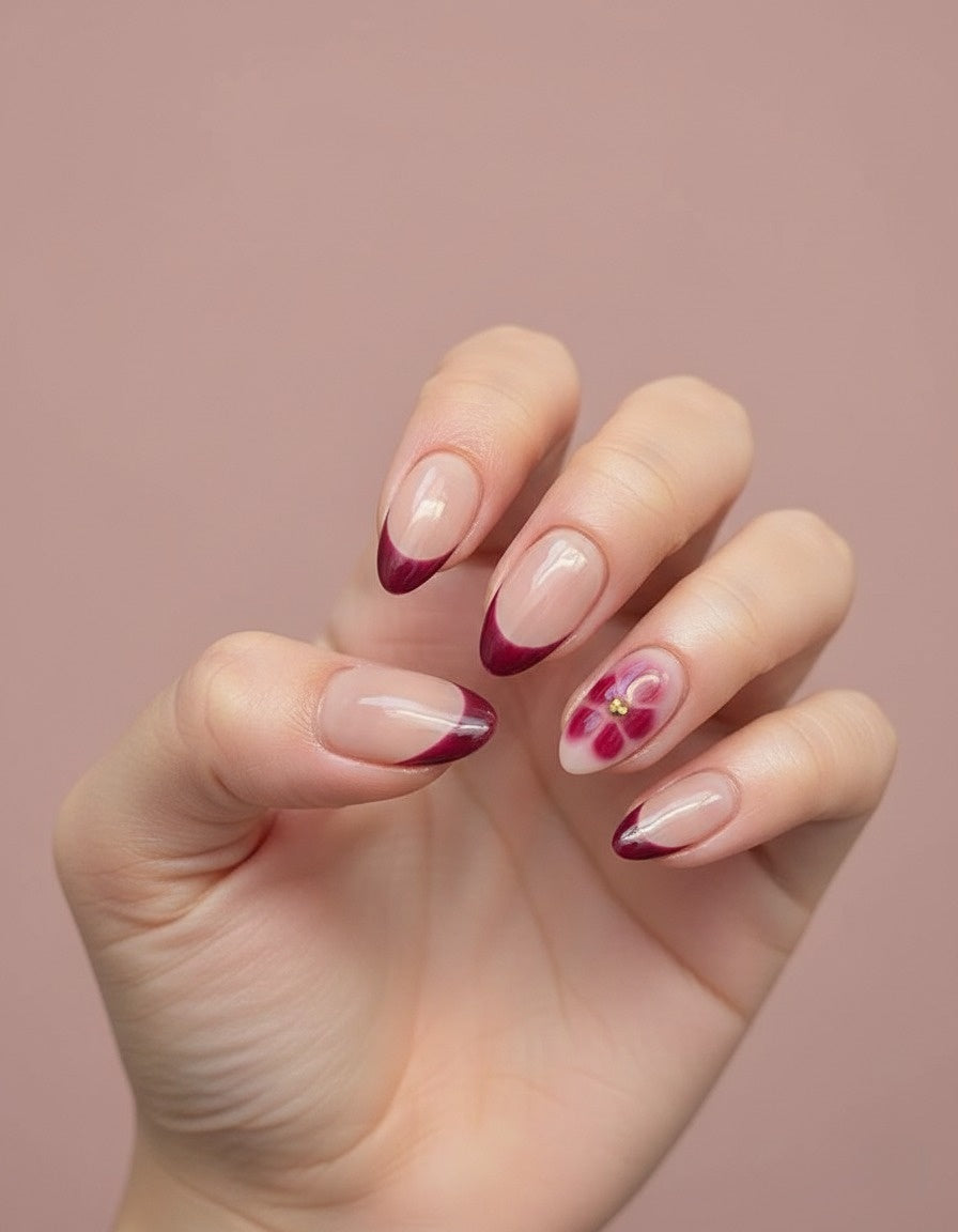 Salon-Finish Burgundy French Floral Press-On Nails – Complete Kit