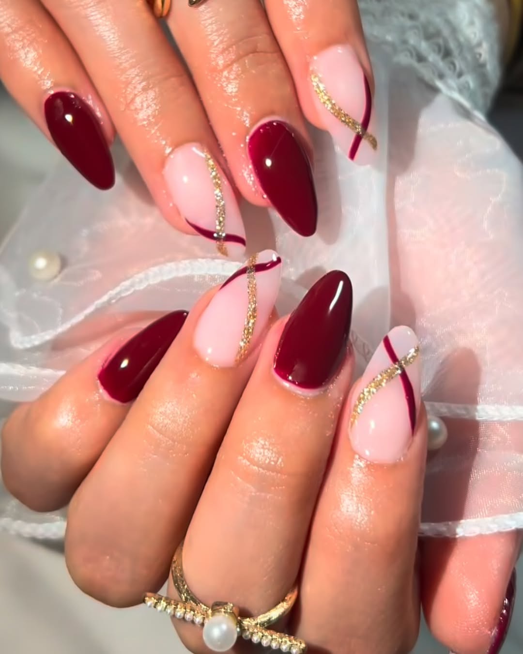 Burgundy & Gold Ribbon Almond Press-On Nails – Complete Kit