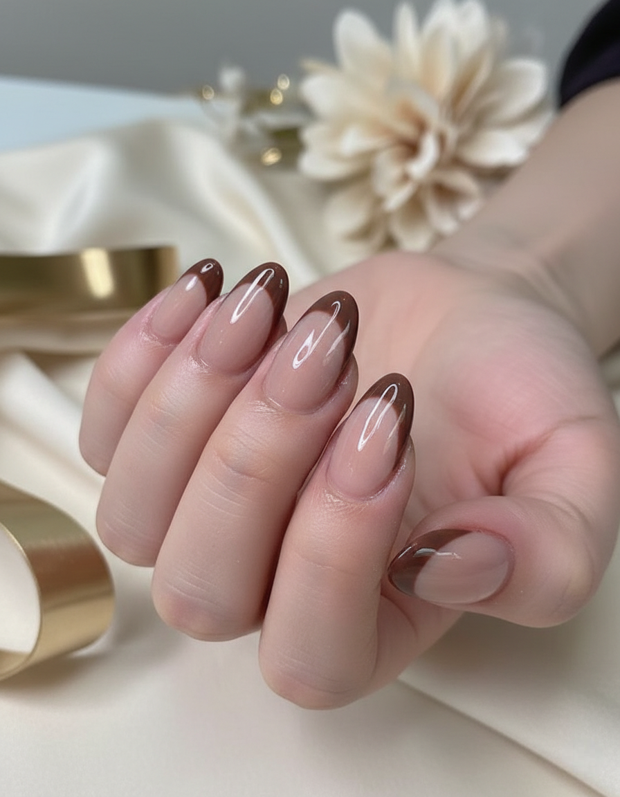 Mocha Brown Classic French Tip Press-On Nails – Complete Kit