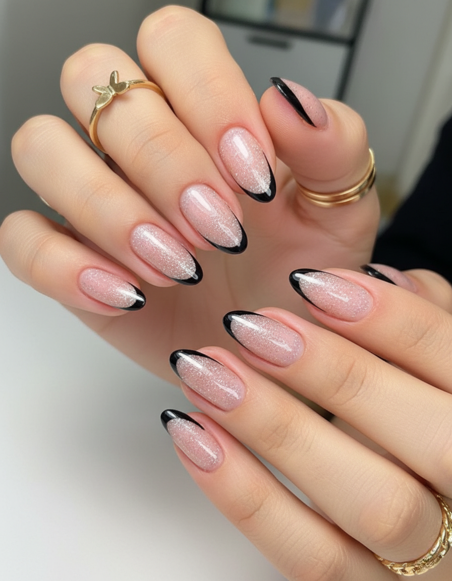 Black Velvet French Glitter Ombre Press-On Nails – Complete Kit