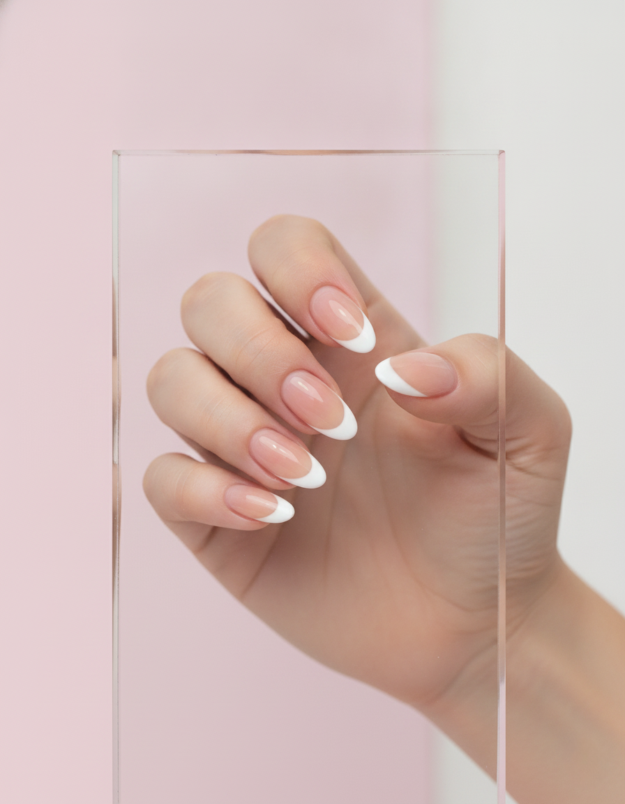 White French Tip Almond Press-On Nails + Full Application Kit
