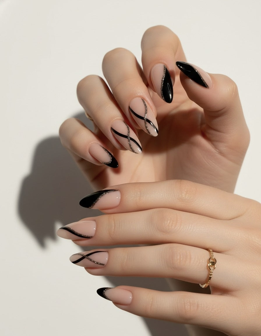 Nude Glitter & Black Stroke Press-On Nails + Full Application Kit