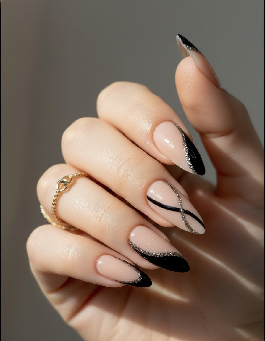 Nude Glitter & Black Stroke Press-On Nails + Full Application Kit