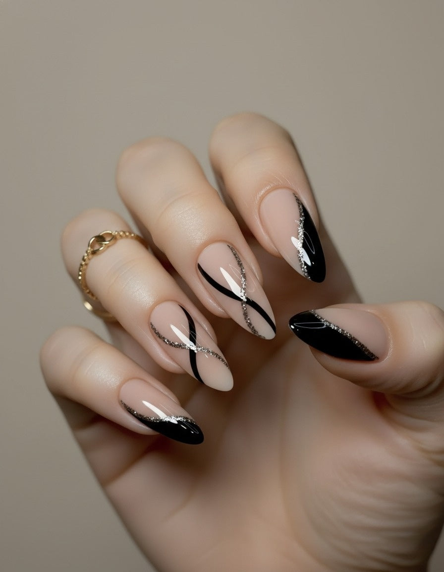 Nude Glitter & Black Stroke Press-On Nails + Full Application Kit