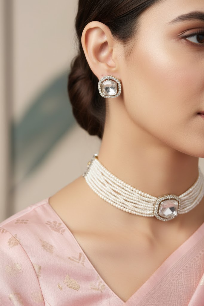 Sondarya Faux Pearl Kundan Choker Necklace Set