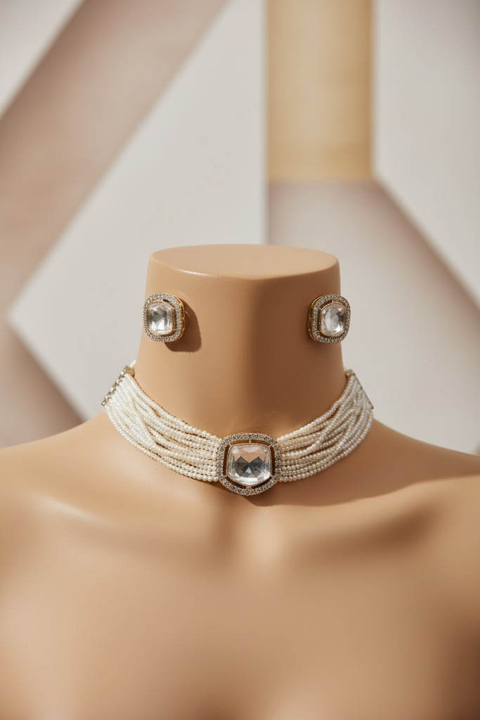 Sondarya Faux Pearl Kundan Choker Necklace Set