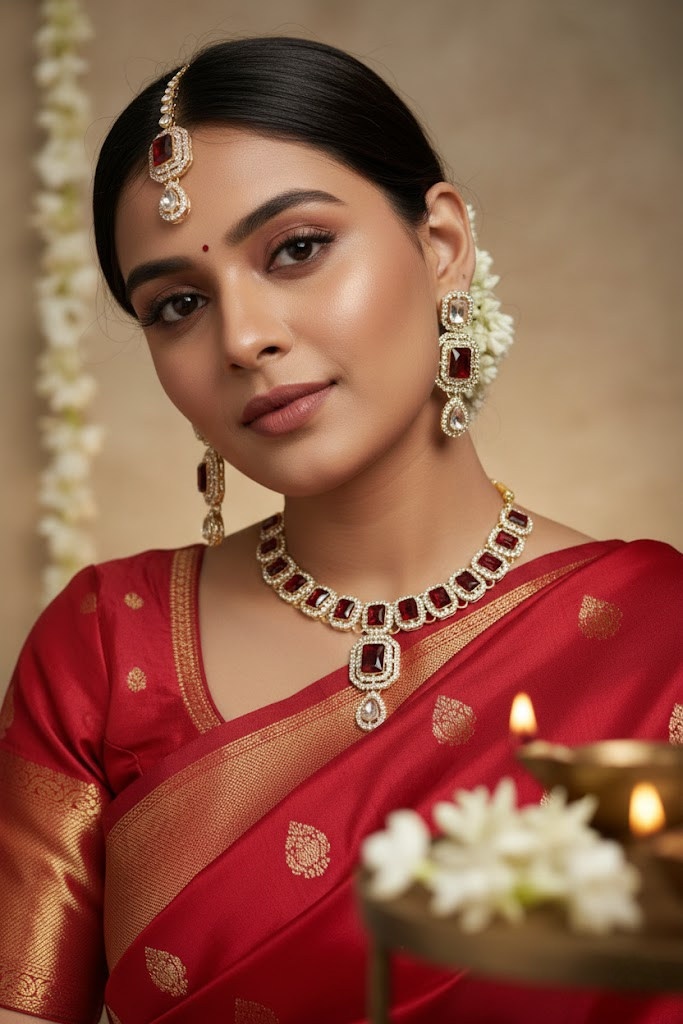 Sondarya Ruby Red Kundan Necklace Set with Maang Tikka