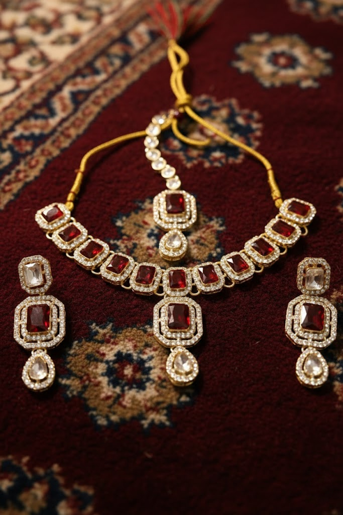 Sondarya Ruby Red Kundan Necklace Set with Maang Tikka