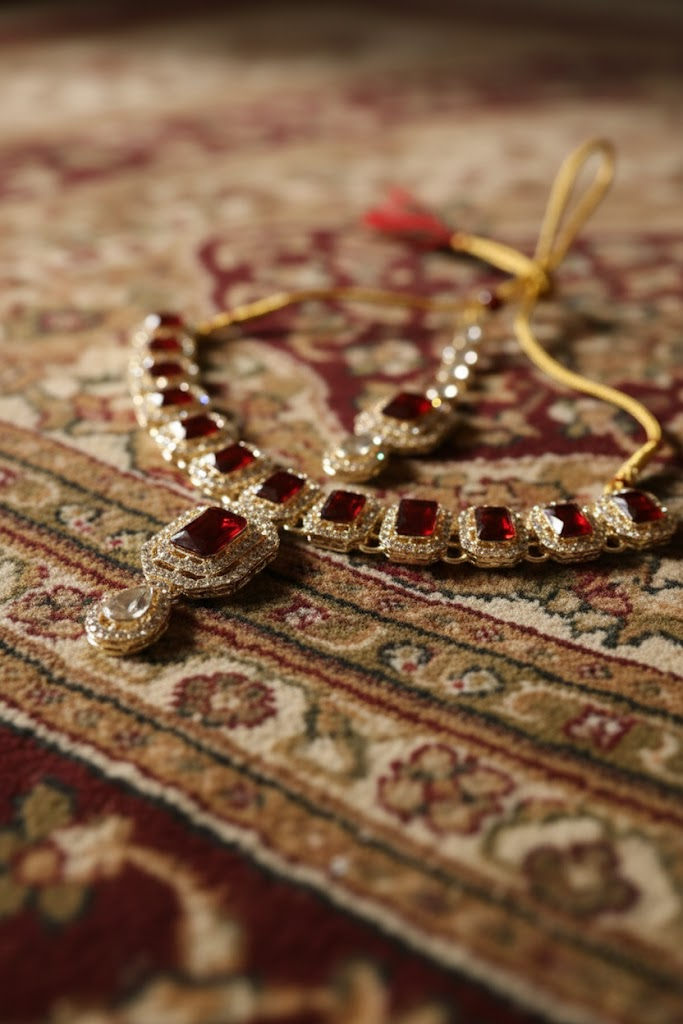 Sondarya Ruby Red Kundan Necklace Set with Maang Tikka