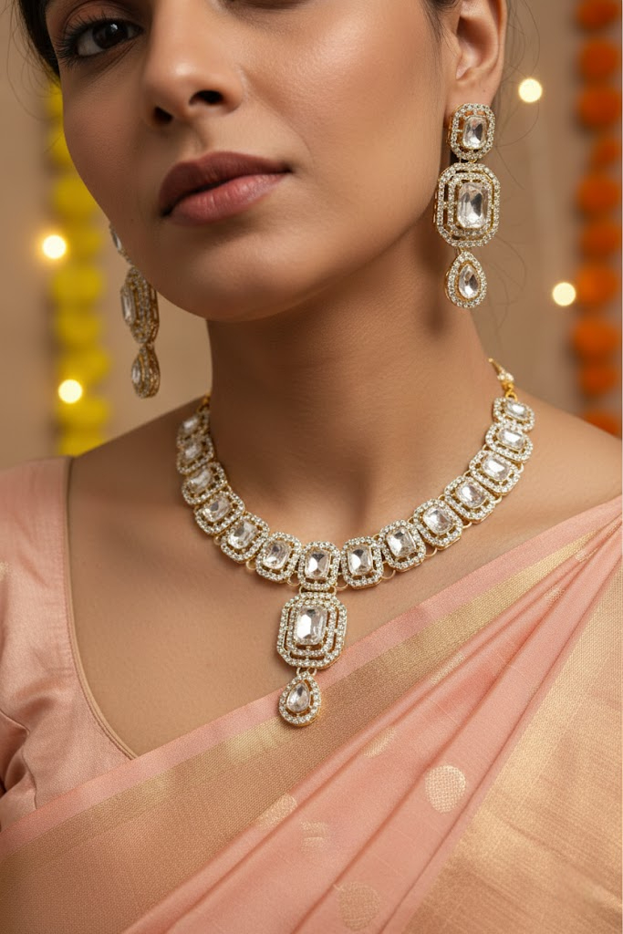 Sondarya Sparkling White Kundan Necklace Set with Maang Tikka