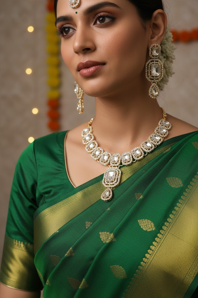 Sondarya Sparkling White Kundan Necklace Set with Maang Tikka