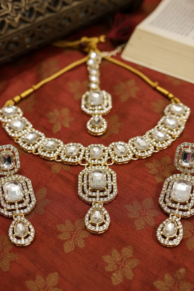 Sondarya Sparkling White Kundan Necklace Set with Maang Tikka
