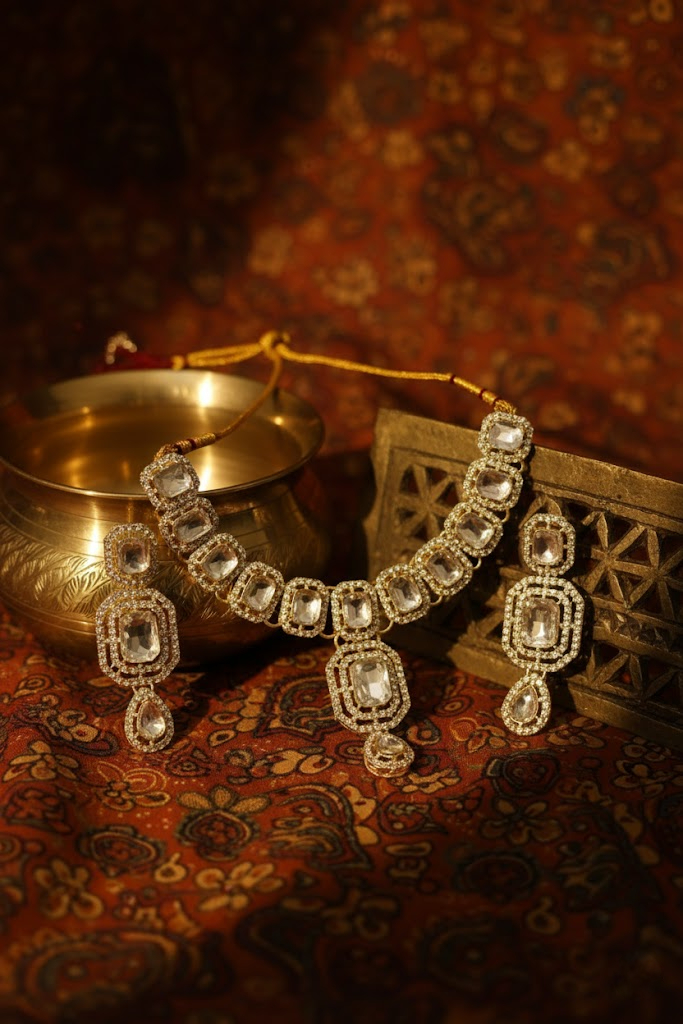 Sondarya Sparkling White Kundan Necklace Set with Maang Tikka