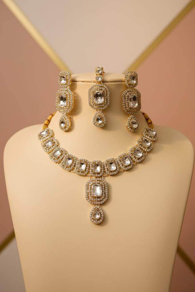 Sondarya Sparkling White Kundan Necklace Set with Maang Tikka