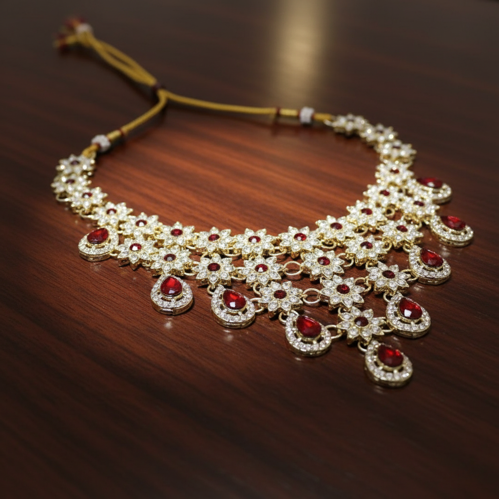 Sondarya Floral Kundan & Ruby Red Drop Necklace Set with Maang Tikka
