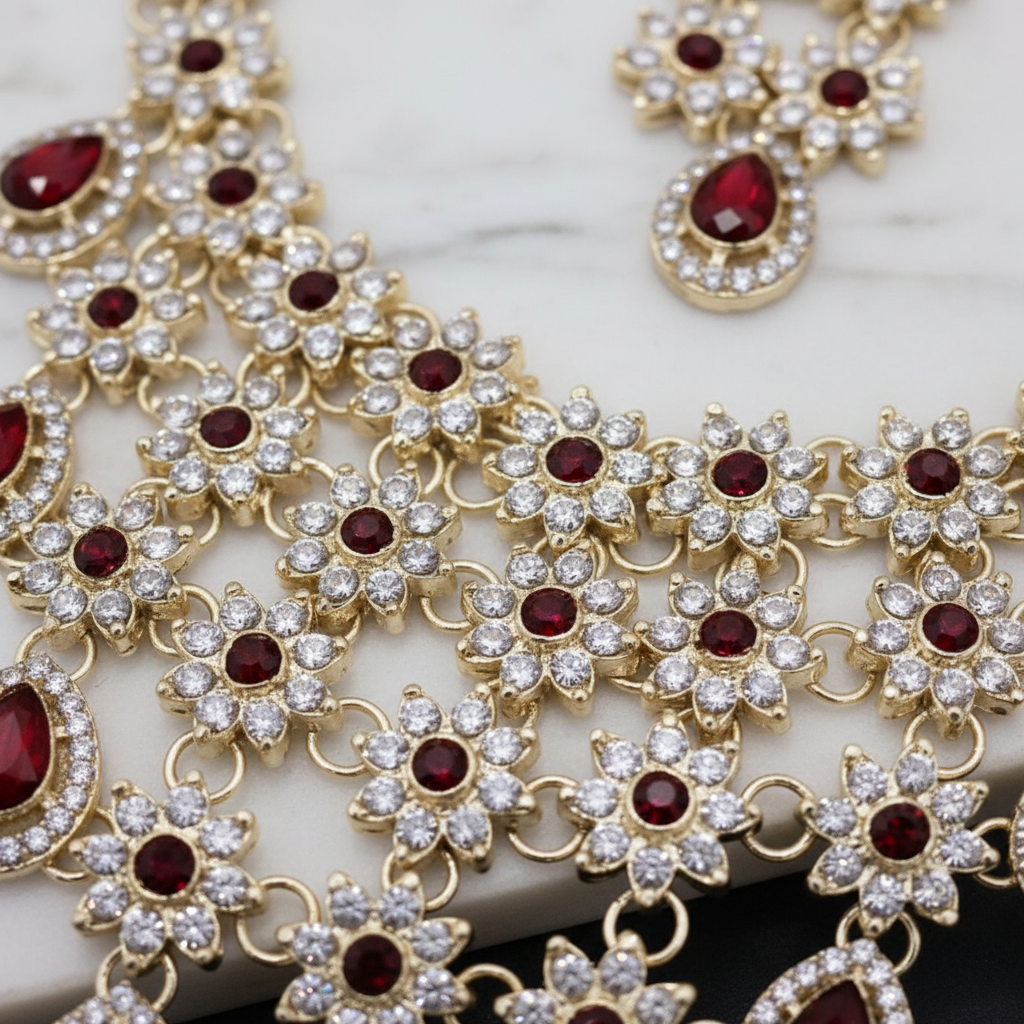 Sondarya Floral Kundan & Ruby Red Drop Necklace Set with Maang Tikka