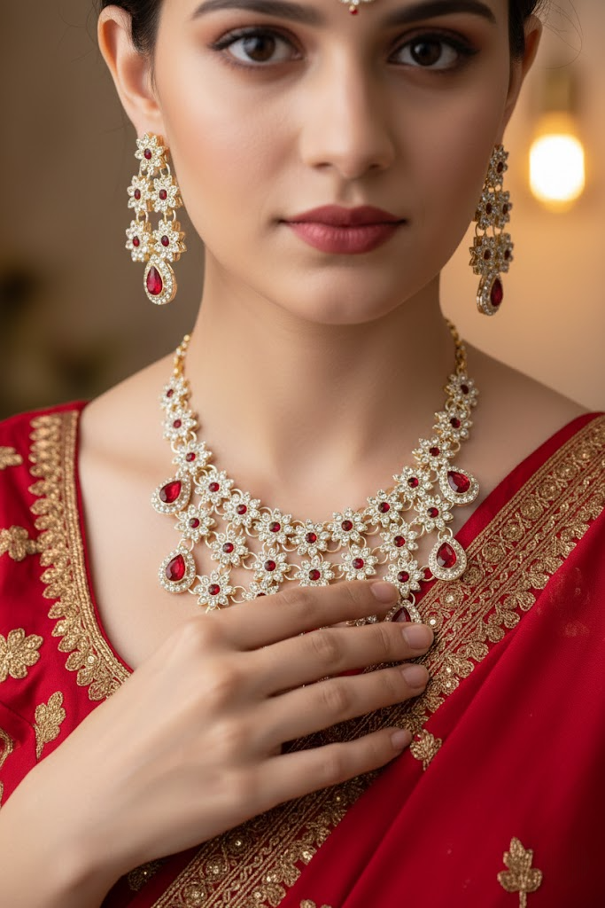 Sondarya Floral Kundan & Ruby Red Drop Necklace Set with Maang Tikka