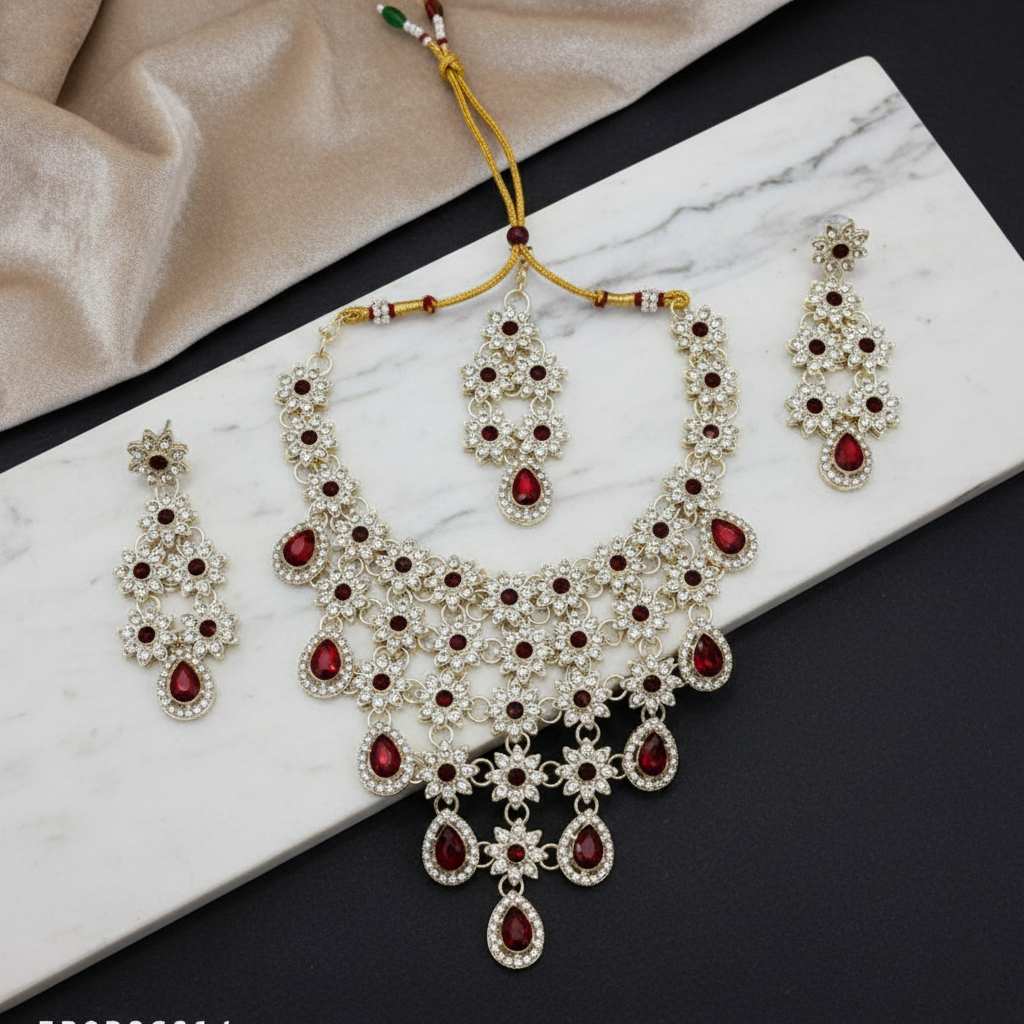 Sondarya Floral Kundan & Ruby Red Drop Necklace Set with Maang Tikka