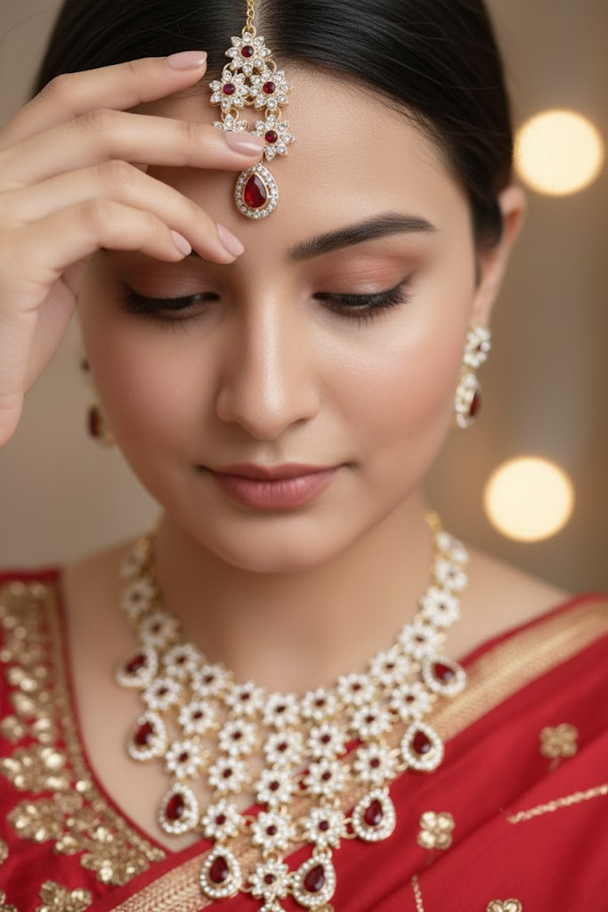 Sondarya Floral Kundan & Ruby Red Drop Necklace Set with Maang Tikka