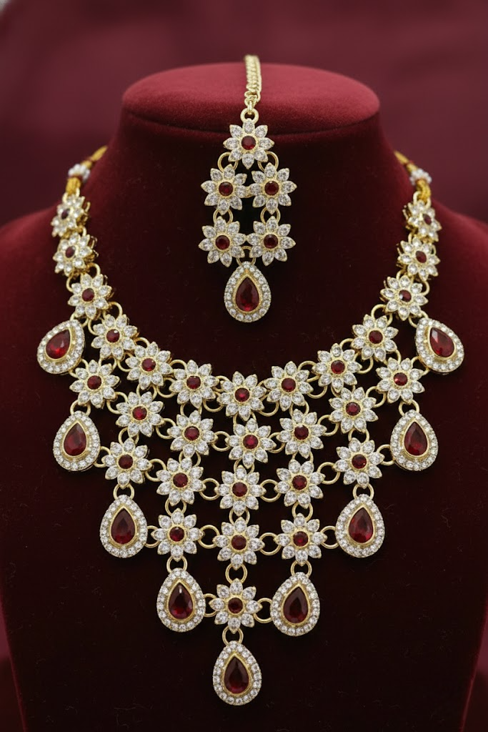 Sondarya Floral Kundan & Ruby Red Drop Necklace Set with Maang Tikka