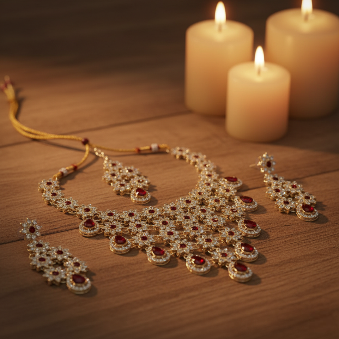 Sondarya Floral Kundan & Ruby Red Drop Necklace Set with Maang Tikka