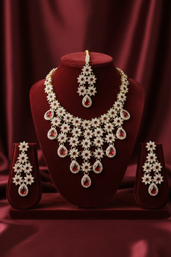 Sondarya Floral Kundan & Ruby Red Drop Necklace Set with Maang Tikka
